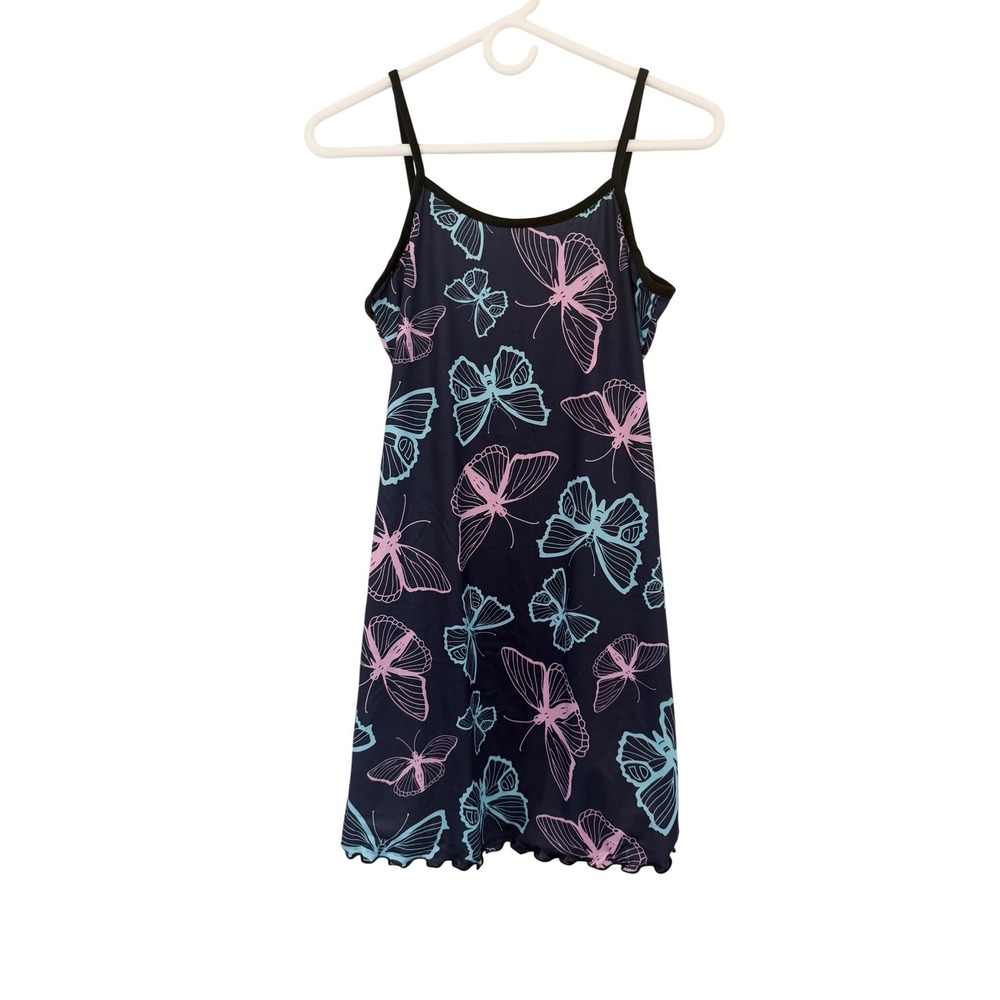 Butterfly Print Nightgown Black Pink Blue Spaghetti Strap Sleep Dress Medium